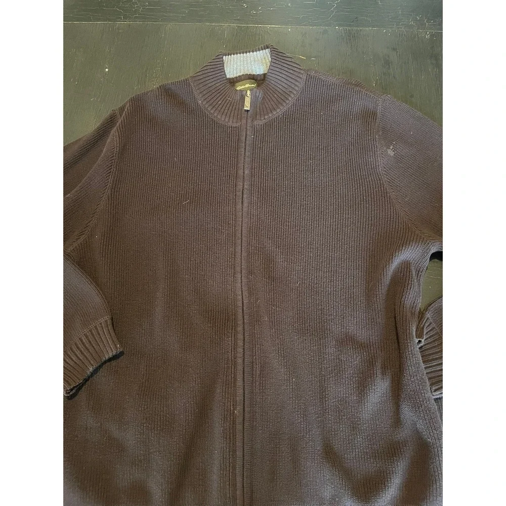 Eddie Bauer Men's Brown Full Zip Ribbed Cotton‎ Sweater XL